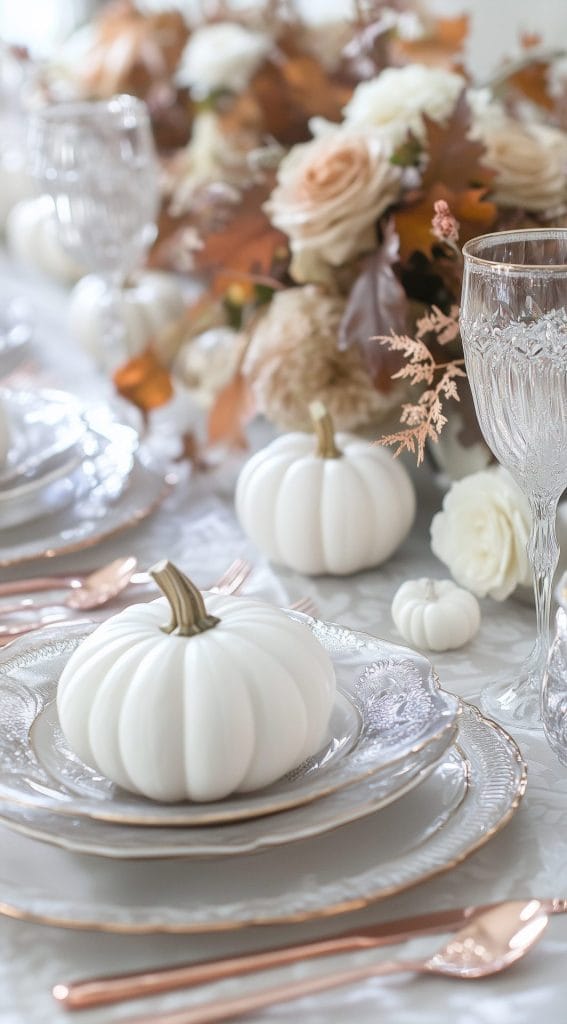 Elegant fall table setting with white pumpkins, rose gold accents, and floral centerpiece.