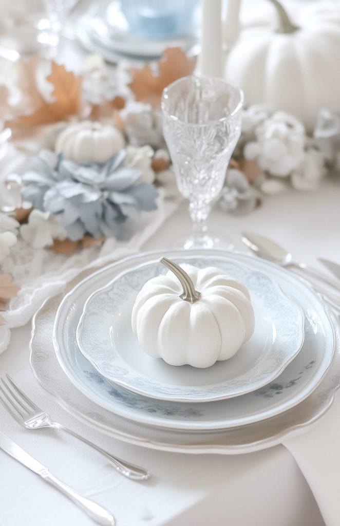 Elegant blue and white fall table setting with mini white pumpkins and floral accents.