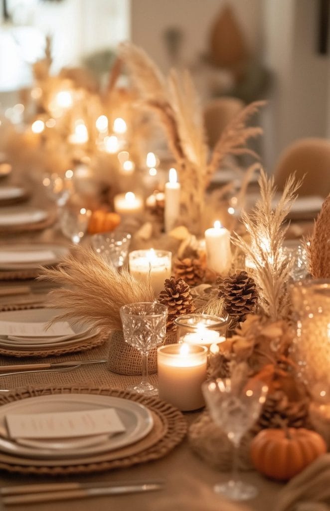 Candlelit fall table setting with pinecones, dried grasses, and pampas accents.