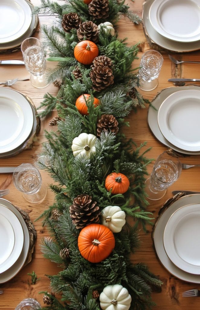 Fall table setting with evergreen branches, mini pumpkins, and pinecones.