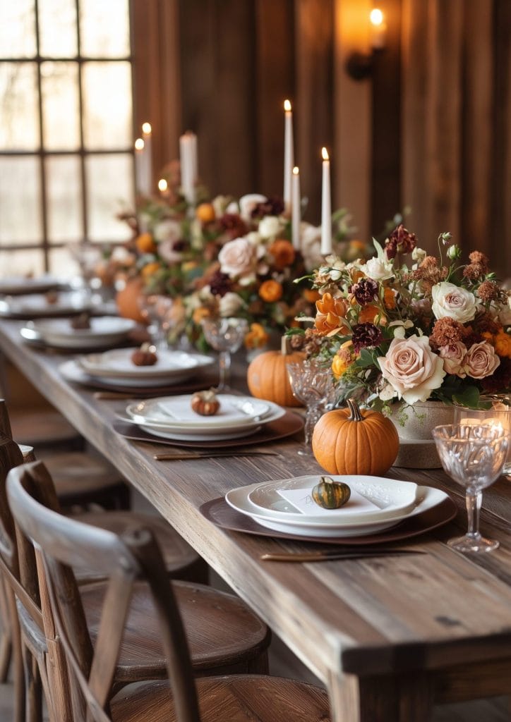 Rustic floral table setting with autumnal flowers, pumpkins, and candles on a wooden table.