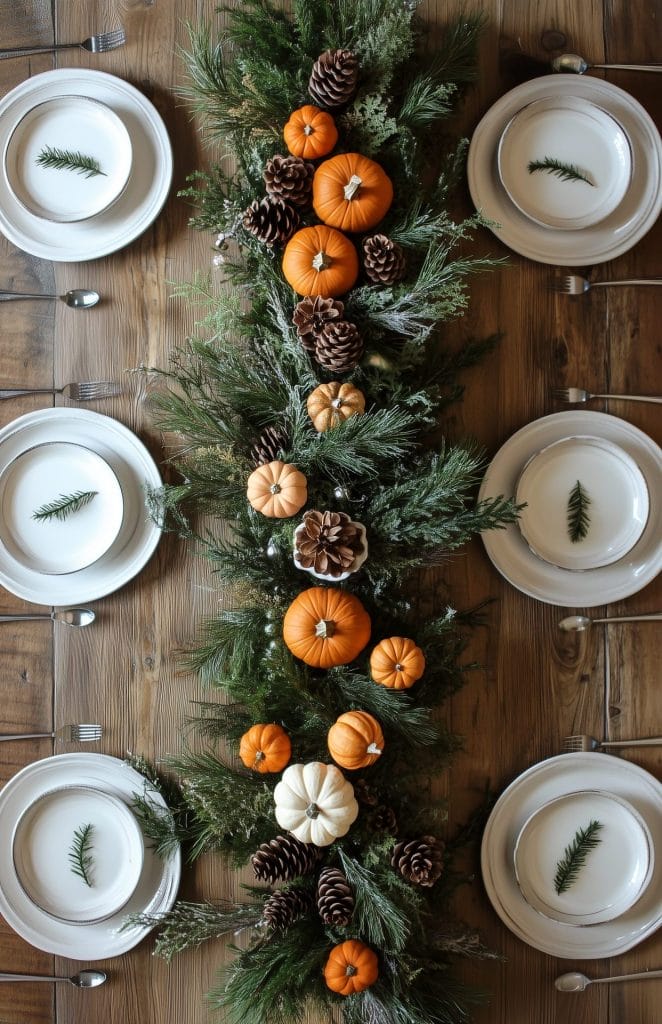 Thanksgiving table setting with pumpkins, evergreen branches, and pinecones as a rustic centerpiece.