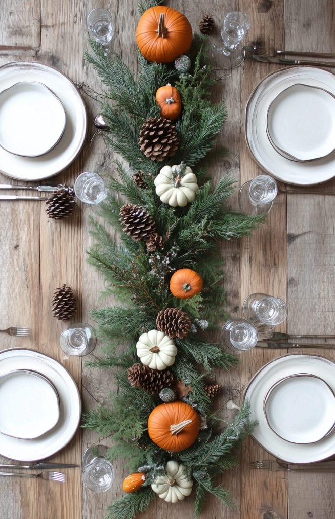 Rustic fall table setting with pumpkins, pinecones, and evergreen branches as a centerpiece.