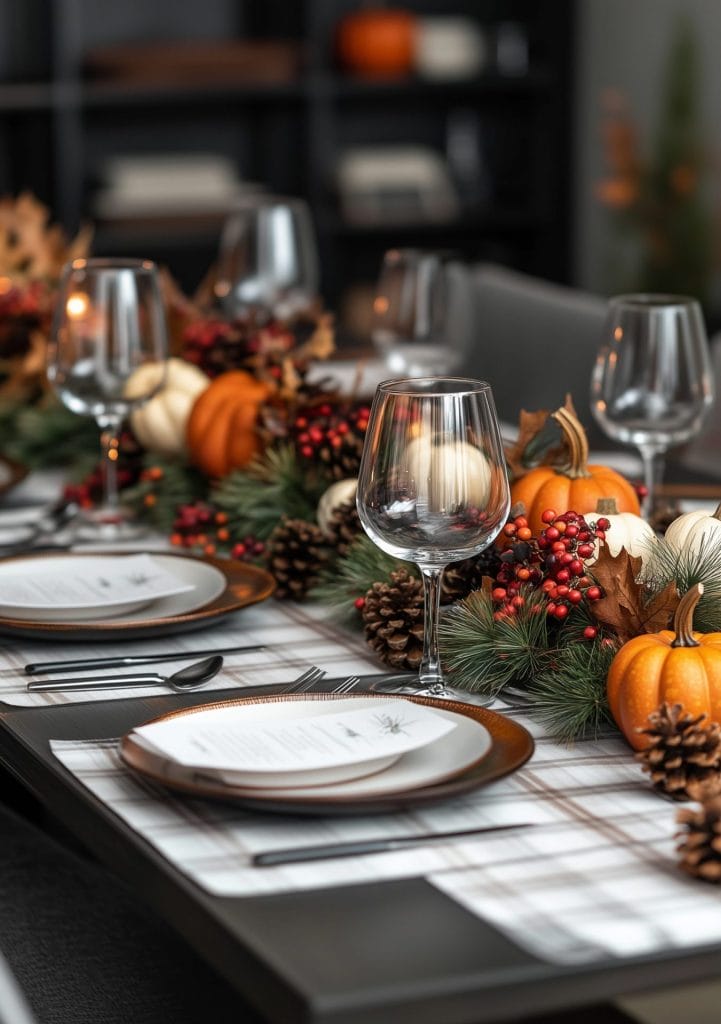 Modern fall table setting with plaid accents, pumpkins, pinecones, and red berry centerpiece.