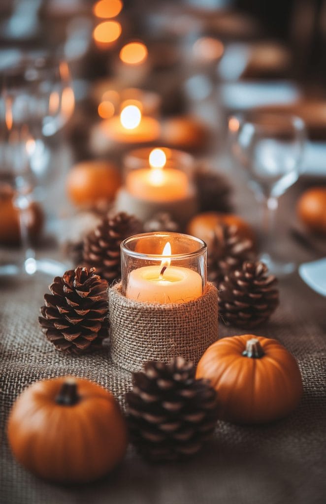 Candlelit fall table with pumpkins, pinecones, and burlap-wrapped candles.