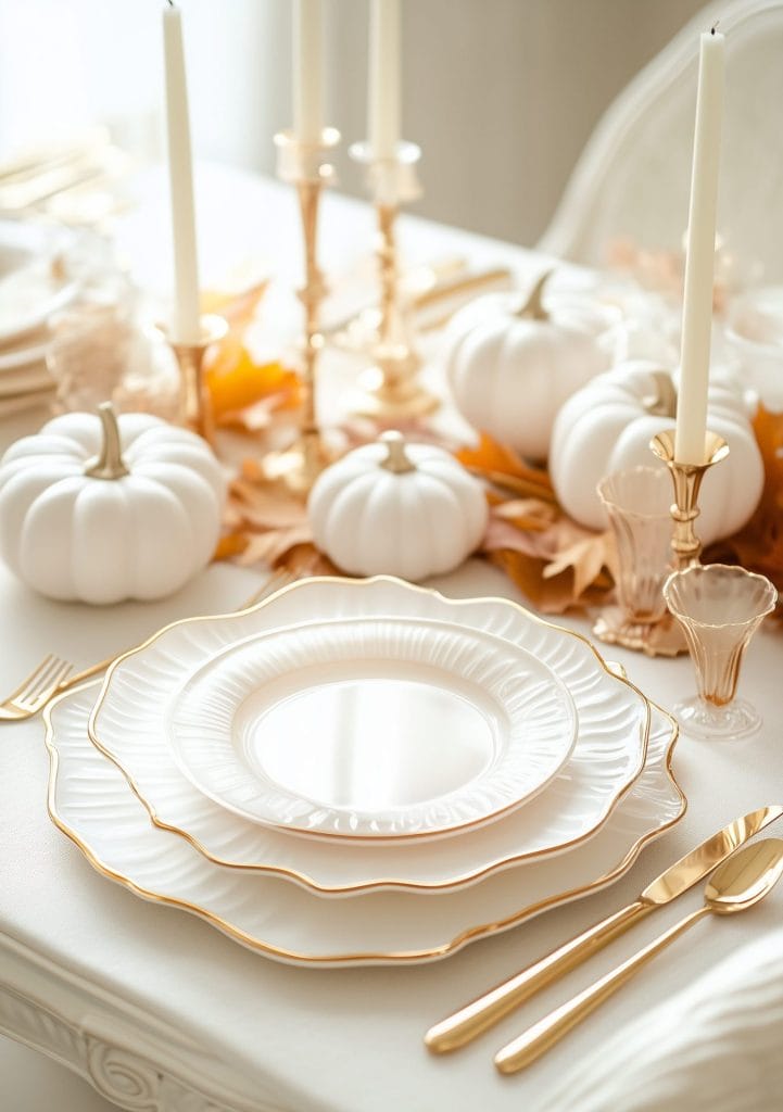 Table centerpiece with pumpkins, pinecones, berries, and autumn leaves for a festive dinner.