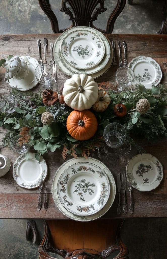 Rustic fall table setting with vintage dinnerware, pumpkins, and greenery centerpiece.