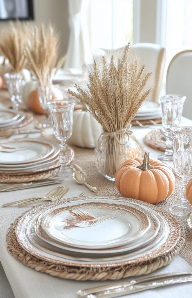 Fall table setting with wheat arrangements, pumpkins, and woven placemats for an elegant look.