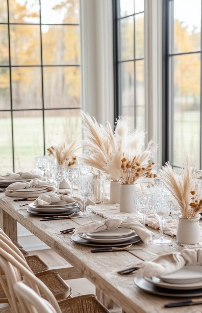 Minimalist fall table setting with pampas grass and neutral-toned dinnerware.