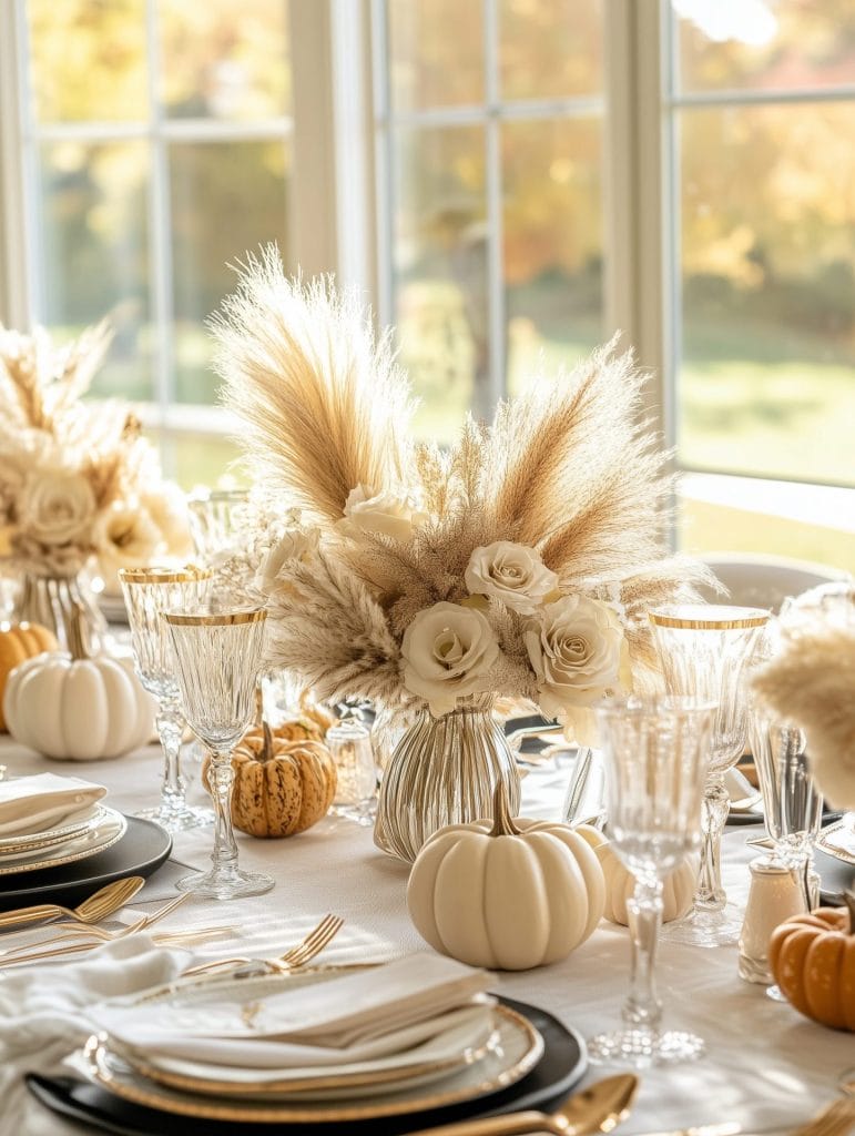 Elegant fall table setting with pampas grass, white pumpkins, and gold accents