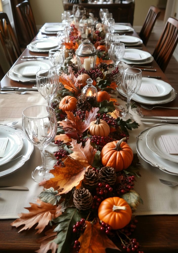 Elegant white and gold table setting with white pumpkins and candlelight.