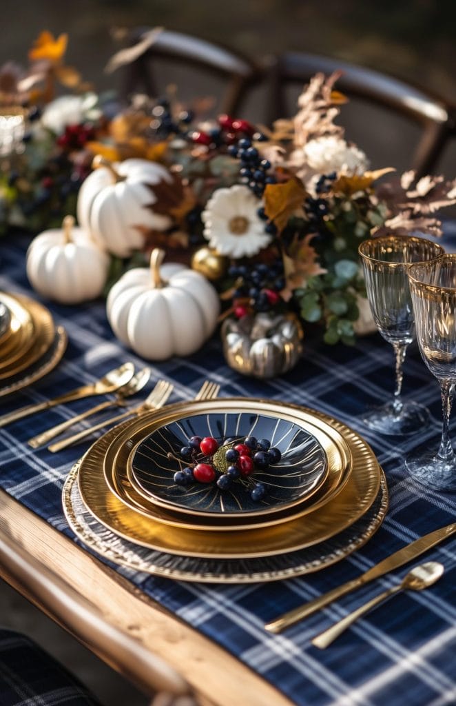 Festive fall table setting with blue plaid, gold accents, berries, and pumpkin centerpiece.