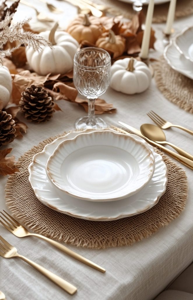 Neutral fall table setting with white pumpkins, pinecones, burlap chargers, and gold flatware.