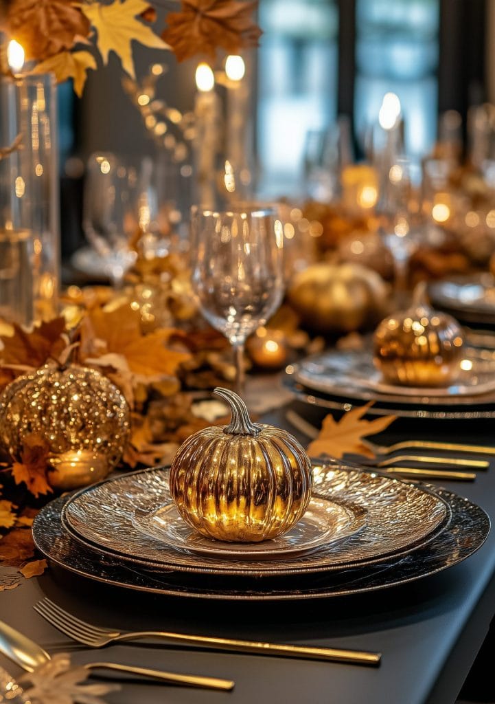 Luxurious fall table with candlelight, metallic pumpkins, and autumn leaves for a festive ambiance.