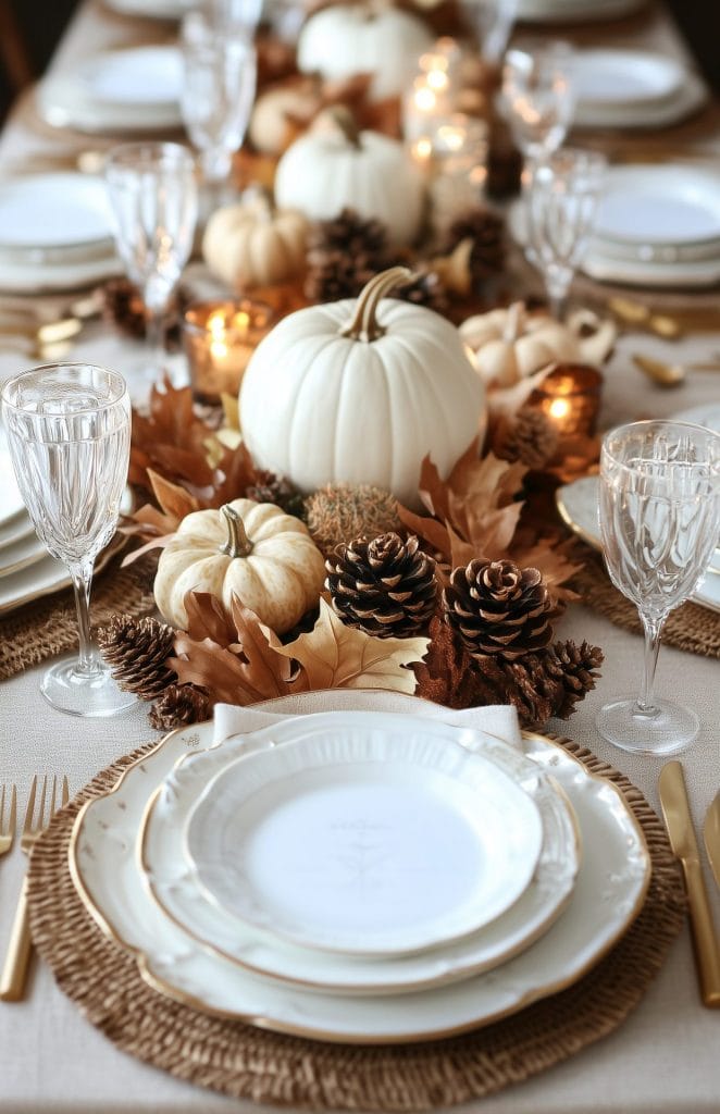 Fall table setting with white pumpkins, pinecones, golden leaves, and candlelight.