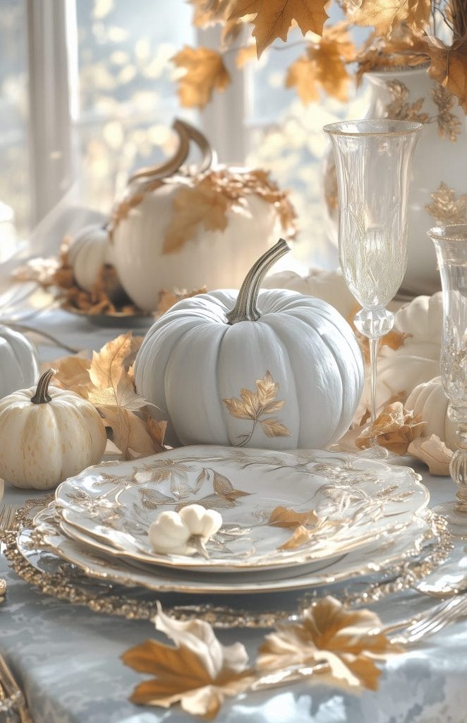 Luxurious fall table setting with white pumpkins, gold leaf accents, and elegant dinnerware.