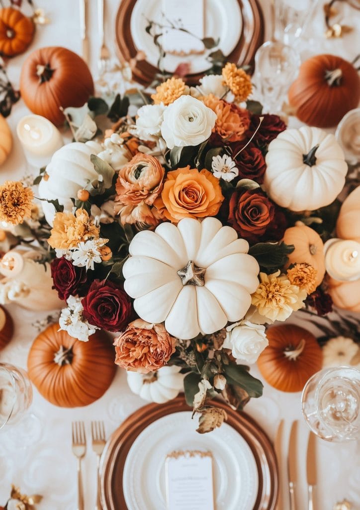 Vibrant fall table centerpiece with white pumpkins, colorful flowers, and autumn accents.