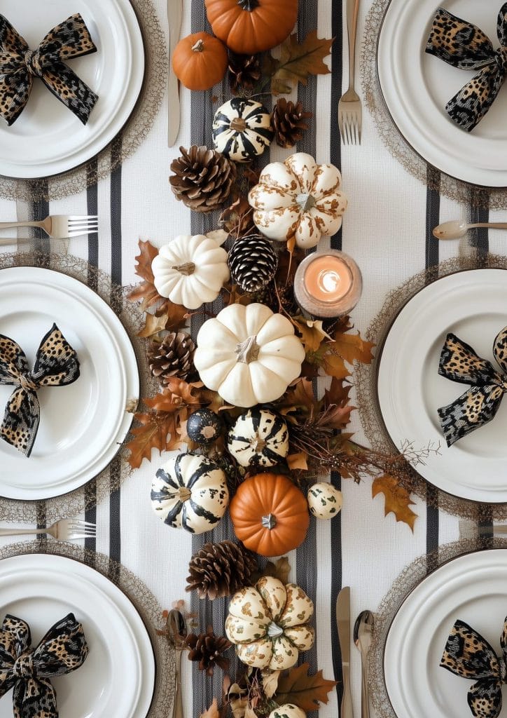 Modern fall table setting with patterned pumpkins, pinecones, and leopard-print napkins.