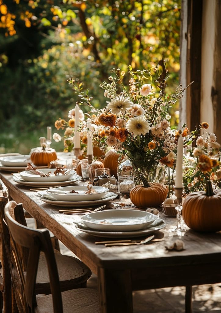 Rustic outdoor fall table with floral centerpiece, pumpkins, and greenery