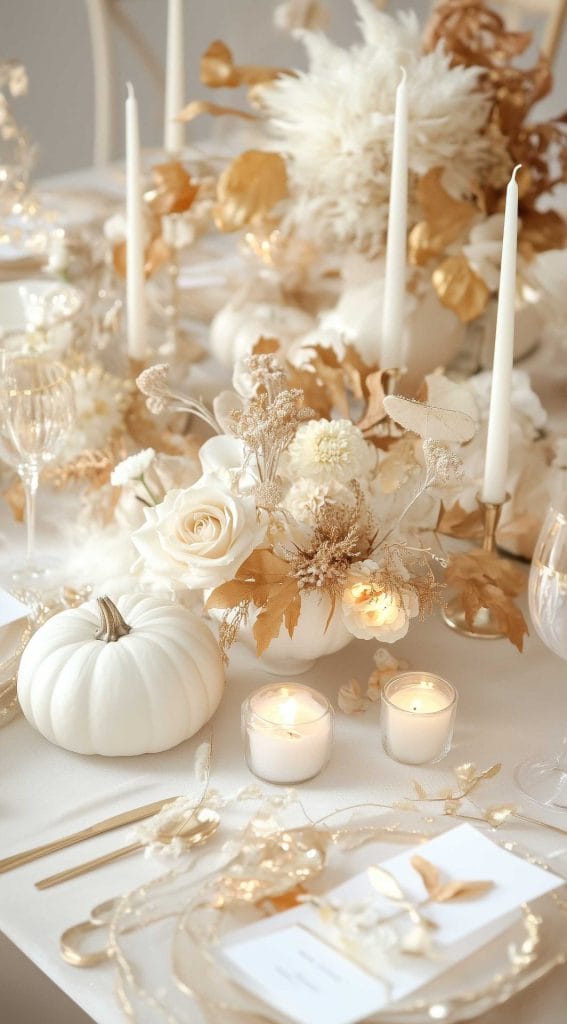 White and gold Thanksgiving dinner table setting with roses, candles, and pumpkins.