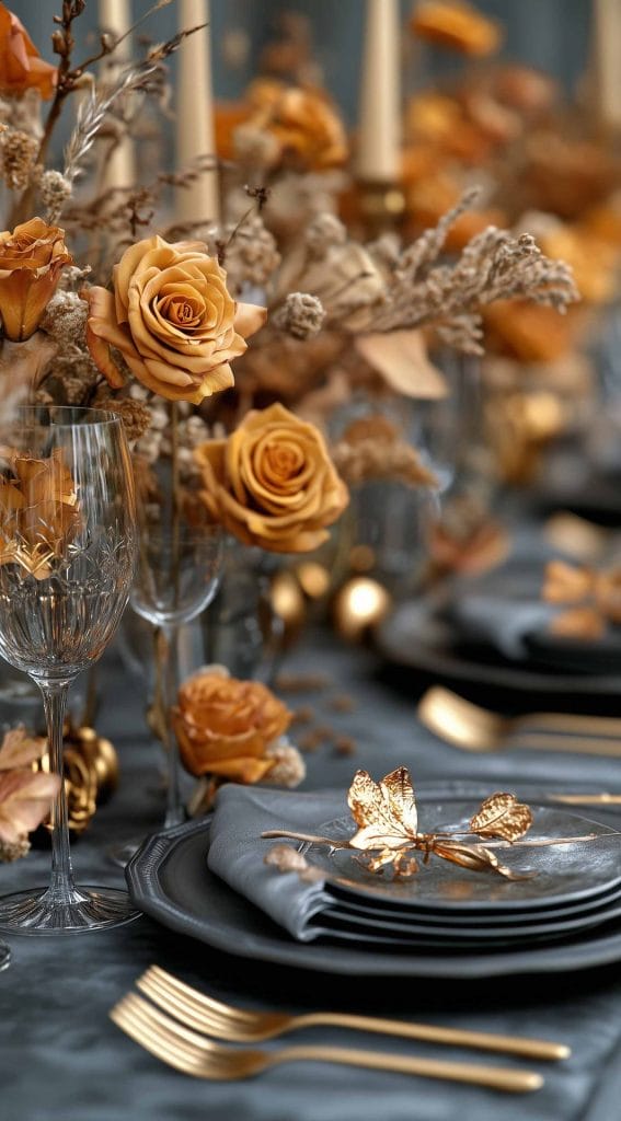 Thanksgiving dinner table with gray dinnerware, amber roses, and gold accents.