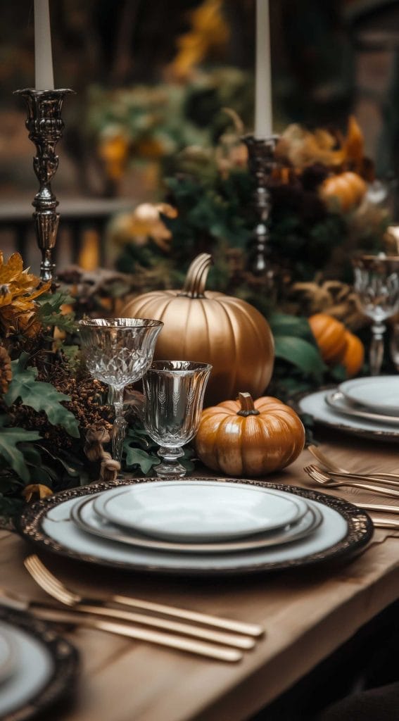 Thanksgiving dinner table with golden pumpkins, greenery, crystal glassware, and brass accents