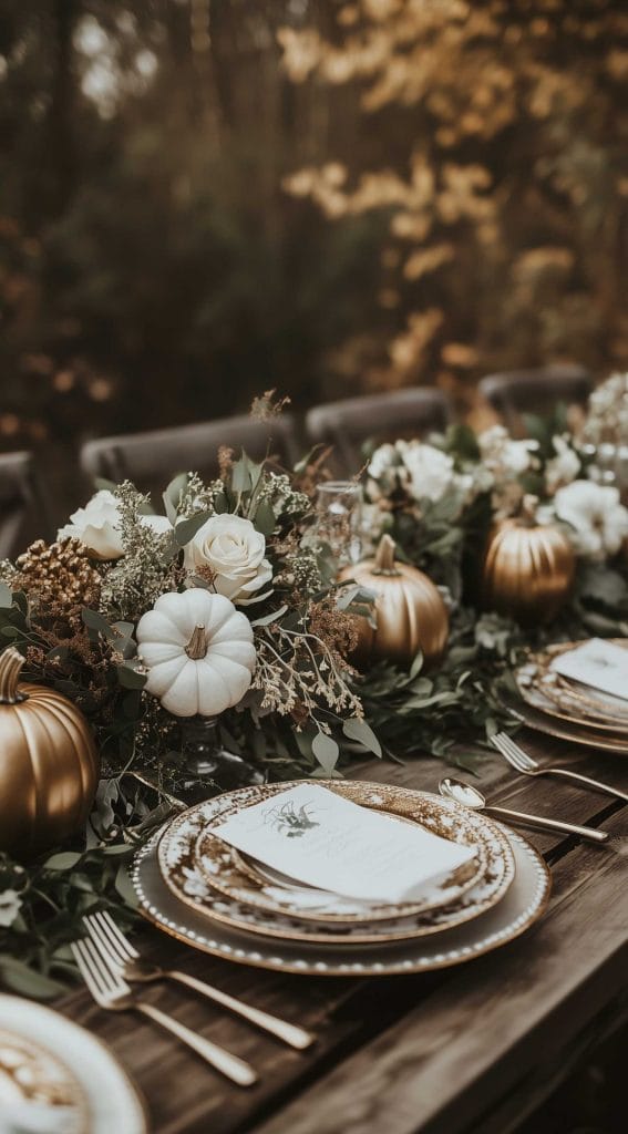 Thanksgiving dinner table with greenery, gold pumpkins, white roses, and detailed dinnerware.