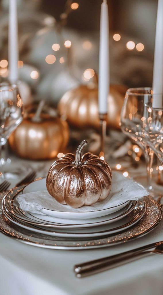 Thanksgiving dinner table with metallic pumpkins, candlelight, and twinkling fairy lights.