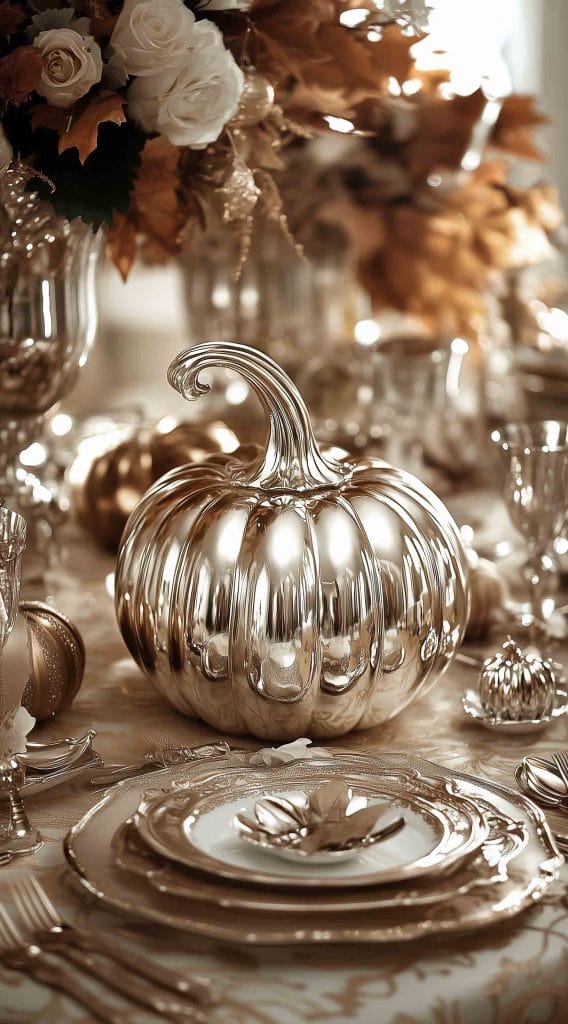 Elegant Thanksgiving dinner table with metallic pumpkin centerpiece, gold-accented dinnerware, and floral arrangements.