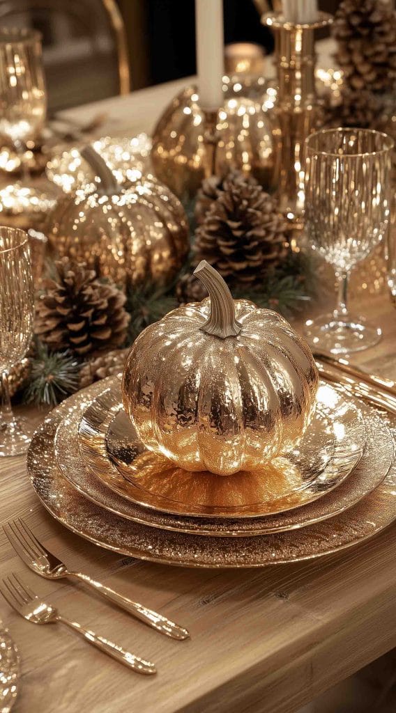 Thanksgiving dinner table with gold pumpkin centerpiece, metallic dinnerware, and pinecones.