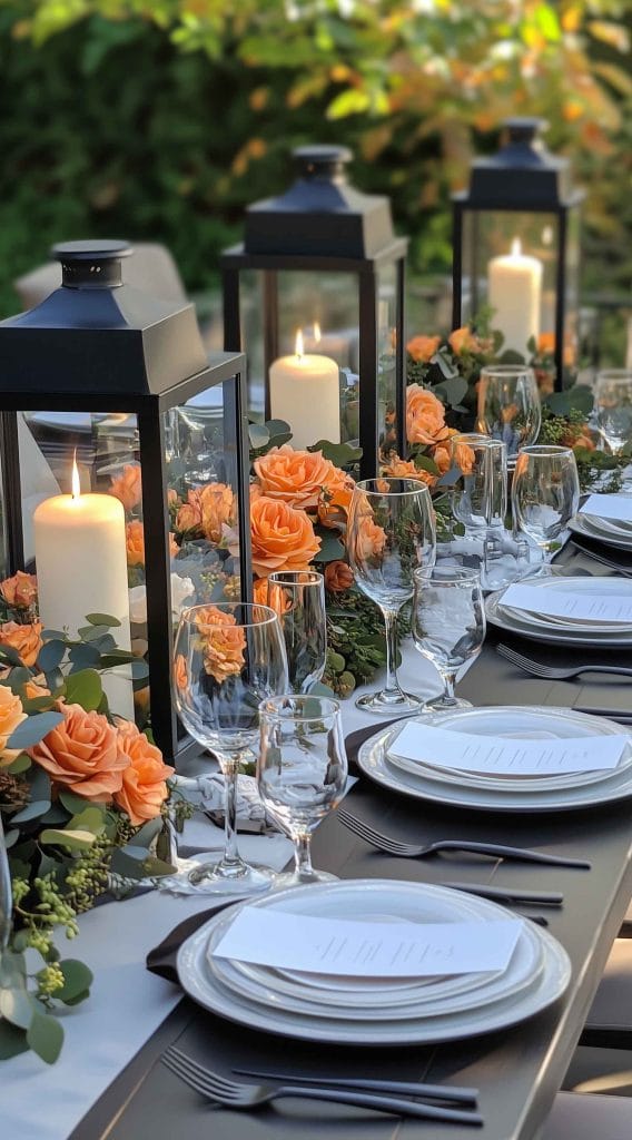 Outdoor Thanksgiving dinner table with black lanterns, orange roses, candles, and greenery.