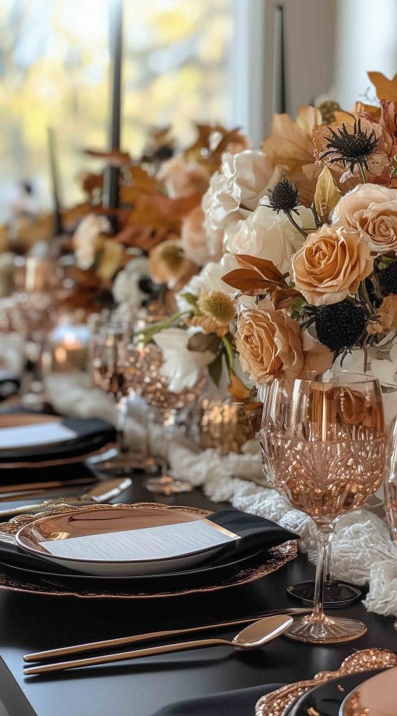 Thanksgiving dinner table with autumn roses, copper and crystal glassware, and warm fall foliage.