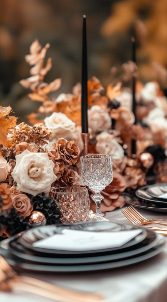 Thanksgiving dinner table with autumnal florals, black accents, and crystal glassware.