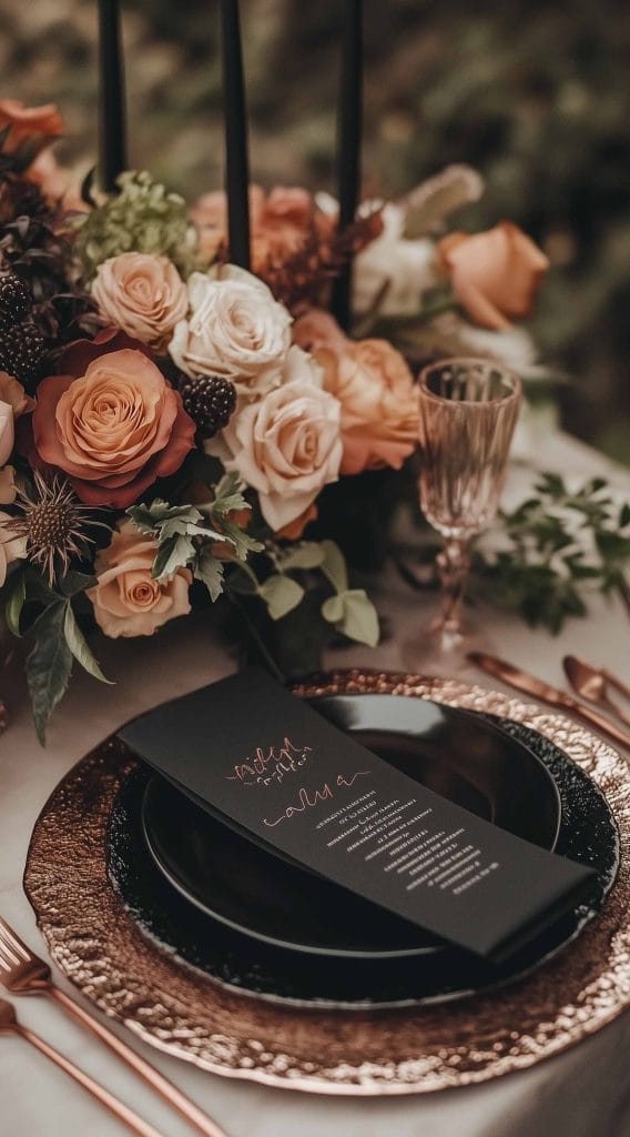 Thanksgiving dinner table with copper accents, black menu card, and moody floral arrangement.