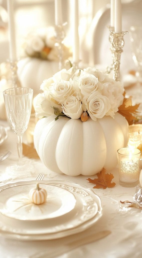 White pumpkin centerpiece with white roses and candlelight on a Thanksgiving dinner table