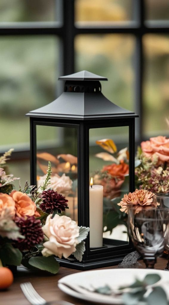 Thanksgiving dinner table with black lantern, candlelight, and autumn floral arrangement.