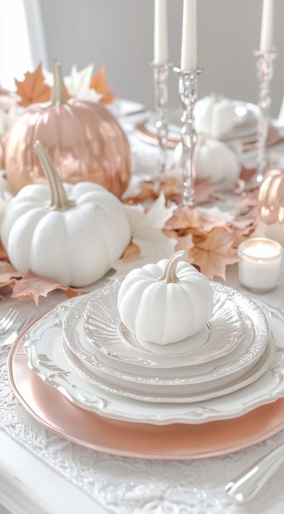 Thanksgiving dinner table with white and rose gold pumpkins, delicate tableware, and candlelight.