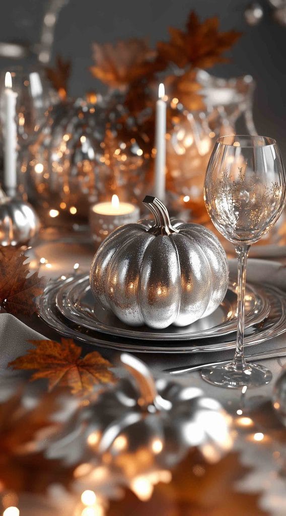 Thanksgiving dinner table with silver pumpkin centerpiece, candlelight, and autumn leaves.