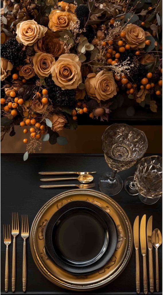 Thanksgiving dinner table with dark floral centerpiece, golden tableware, and rich autumnal tones.