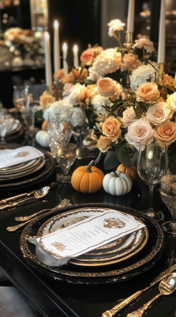 Elegant Thanksgiving dinner table with golden accents, luxurious dinnerware, floral centerpiece, and mini pumpkins.