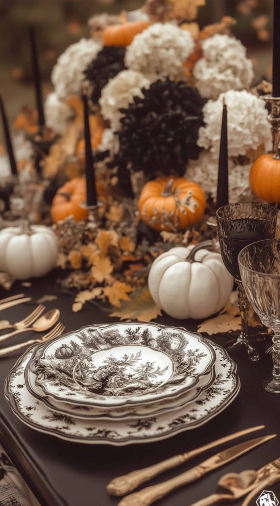 Vintage-inspired Thanksgiving dinner table with patterned plates, autumnal pumpkins, and bold fall florals.