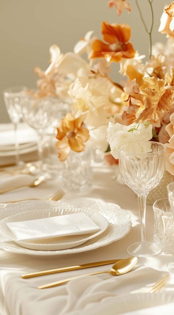 Elegant autumn floral centerpiece with gold cutlery and glassware on a Thanksgiving dinner table