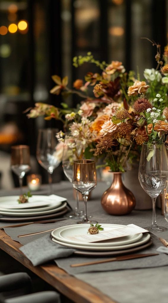 Rustic Thanksgiving dinner table with copper accents, floral centerpiece, and moody ambiance.