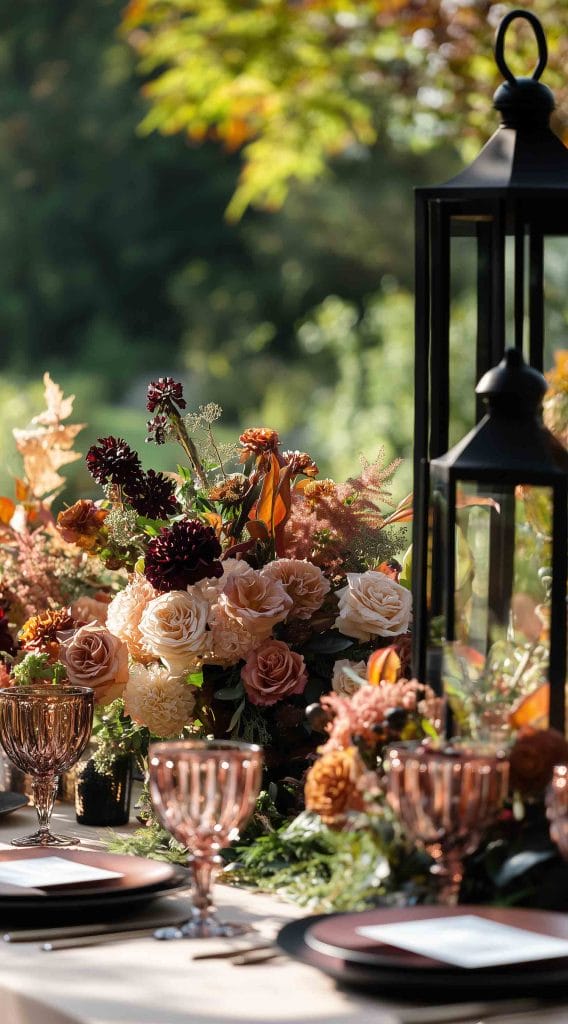 Outdoor Thanksgiving dinner table with burgundy, blush, and peach florals, lanterns, and vintage glassware.