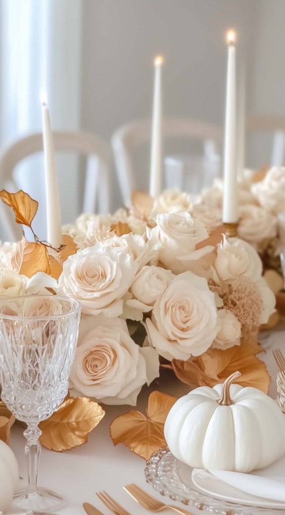 White and gold Thanksgiving dinner table with roses, candles, and a white pumpkin.