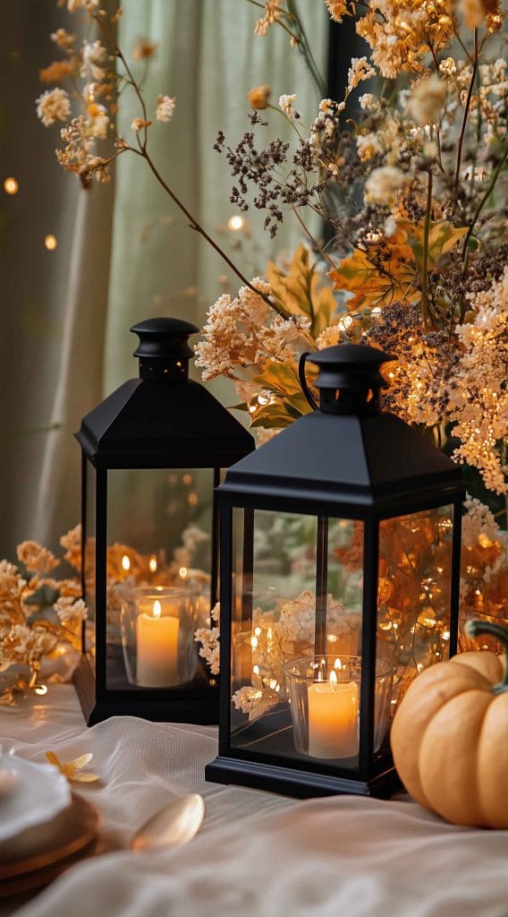 Thanksgiving dinner table with black lanterns, candles, autumn foliage, and small pumpkin.