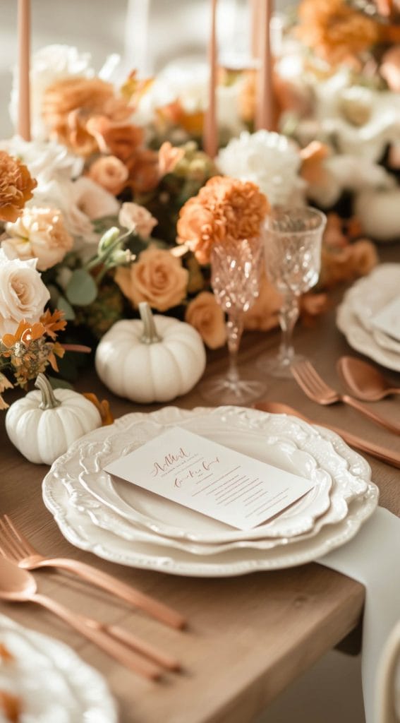 Thanksgiving dinner table with orange and cream florals, copper flatware, white pumpkins, and crystal glassware.