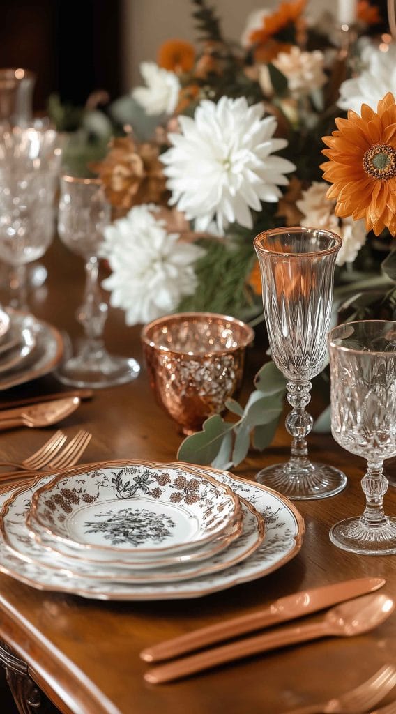 Vintage-inspired Thanksgiving dinner table with floral-patterned dinnerware, copper accents, and crystal glassware.