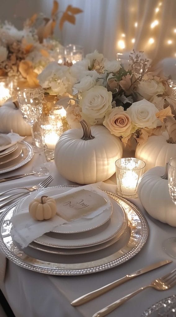 White pumpkins, roses, and candlelight centerpiece on an elegant Thanksgiving dinner table.