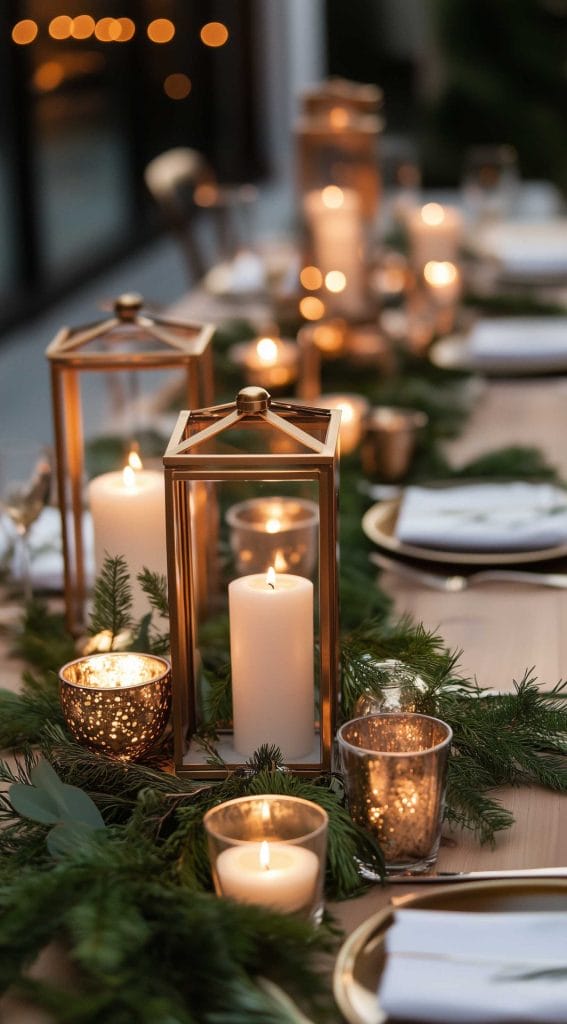 Candlelit Thanksgiving table with lanterns and green garland centerpiece.